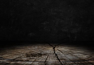 Karanlık bir arka planda eski ahşap zemin. Koyu boş oda 3D illüstrasyon.