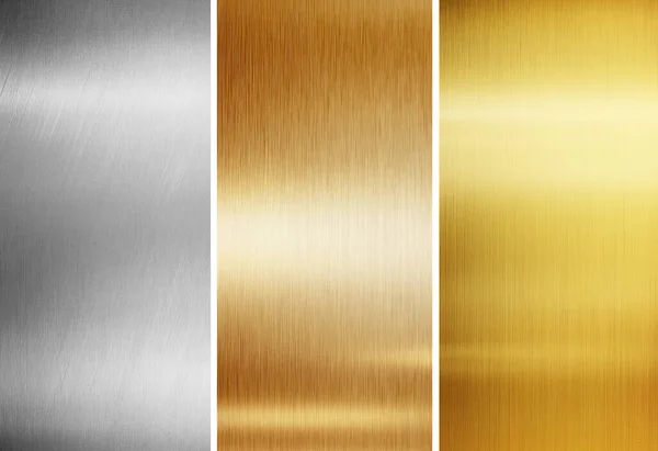 Metal doku arka planı. Altın, gümüş ve bakır metal plakalar beyaza izole edilmiş..