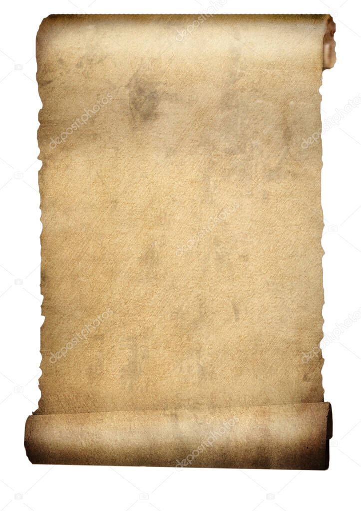 Old paper scroll or parchment isolated on white 3d illustration.