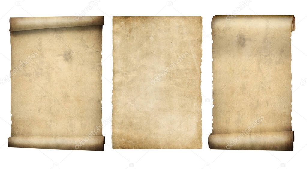 Set of scrolls or parchment isolated on white, Classic icon for wallpaper design. 3d illustration.