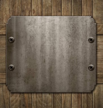Ahşap arka planında perçin olan eski metal çerçeve. 3d çizimi için boş şablon