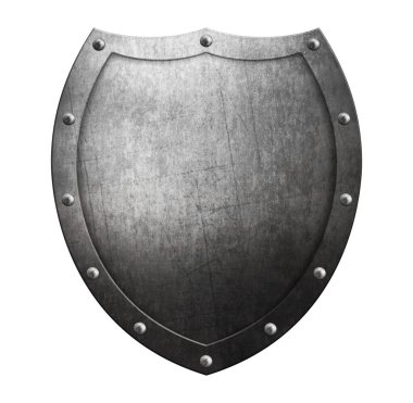 Eski metal ortaçağ kalkanı beyaza izole edilmiş. 3d illüstrasyon 
