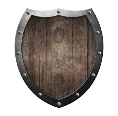 Beyaza izole edilmiş metal çerçeveli eski bir ortaçağ kalkanı. 3d illüstrasyon