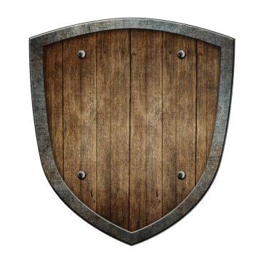 Beyaza izole edilmiş metal çerçeveli eski bir ortaçağ kalkanı. 3d illüstrasyon