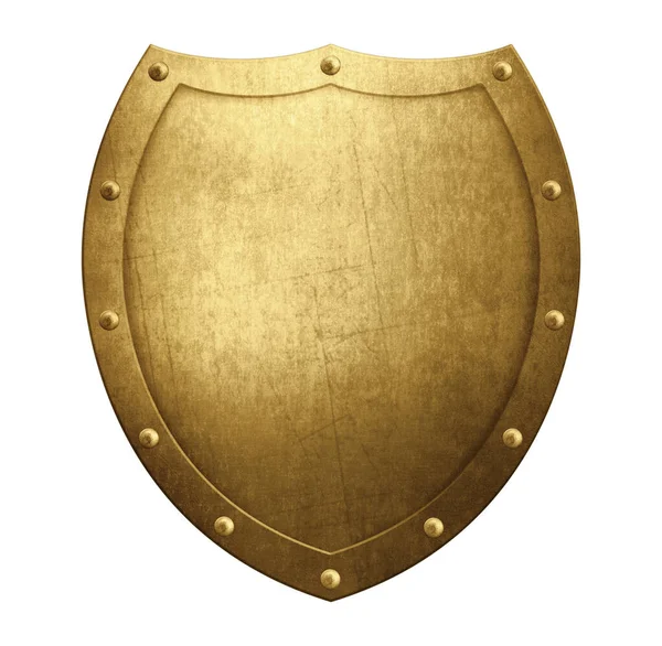 Metal ortaçağ bronz kalkanı beyaz üç boyutlu resimde izole edilmiştir. 