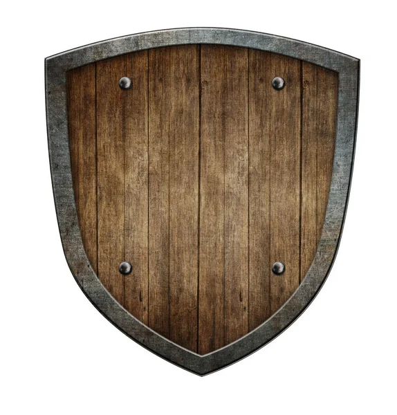 Escudo Medieval Madeira Velha Com Armação Metálica Isolada Branco Ilustração — Fotografia de Stock
