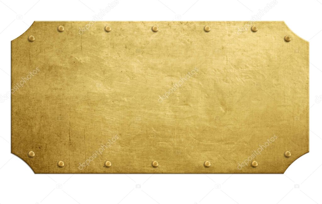Copper plate with rivets isolated on white. Old metal background. 3d illustration