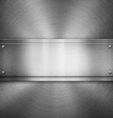 Fırçalanmış çelik arka planda perçin kaplı metal plaka 3 boyutlu illüstrasyon