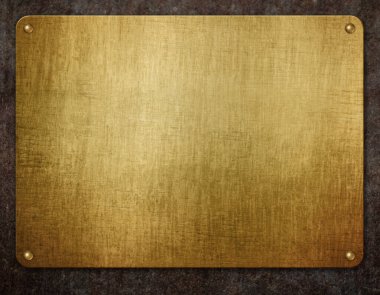 Altın metal plaka, arka planda perçin var. 3d illüstrasyon.