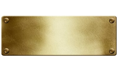 Beyaz arka planda perçin kaplı altın metal plaka 3 boyutlu illüstrasyon