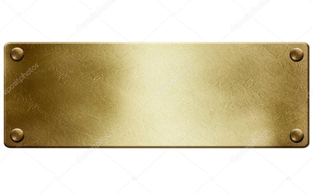 Gold metal plate with rivets on white background 3D illustration