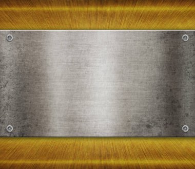 Altın kaplama perçin kaplı gümüş metal plaka. Tasarım şablonu. 3d illüstrasyon