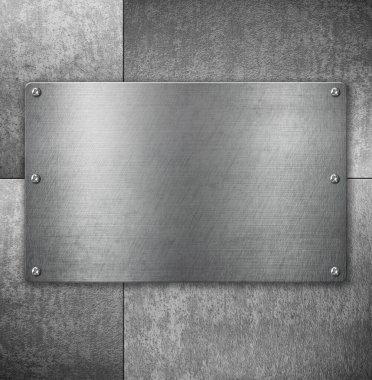 Fırçalanmış çelik arka planda perçin kaplı metal plaka 3 boyutlu illüstrasyon