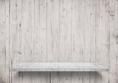 Ahşap duvardaki ahşap rafların tepesi boş, ürün sergisi için. 3d illüstrasyon