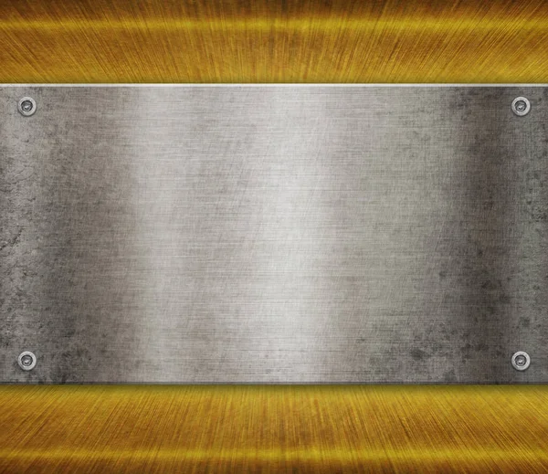 Silberne Metallplatte Mit Nieten Auf Goldenem Hintergrund Designvorlage Illustration — Stockfoto