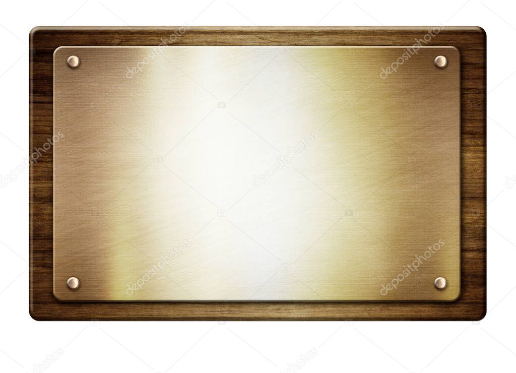 Wooden frame with gold metal plate 3d illustration