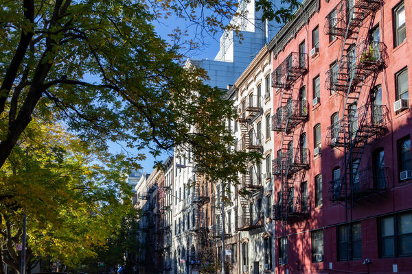 Colorful block of old buildings in the East Village of Manhattan in New York City NYC