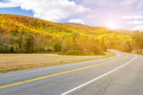 Sunlight Shines Empty Highway Road Colorful Fall Forest Landscape New — Stock Photo, Image