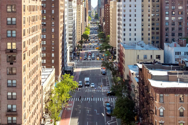 Overhead view of busy street in Midtown Manhattan New York City