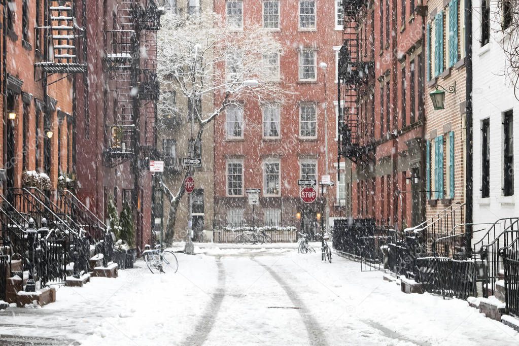 Snowy winter scene on Gay Street in the Greenwich Village neighborhood of Manhattan in New York City