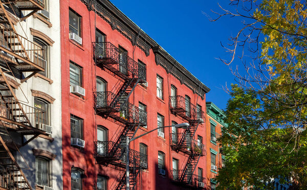 Colorful block of historic buildings in the East Village of Manhattan, New York City