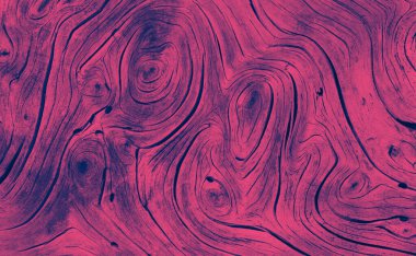 Eski bir ağaç dalında eskimiş ahşap doku kıvrımlı desenler ve renkli pembe ve mavi efektlerle