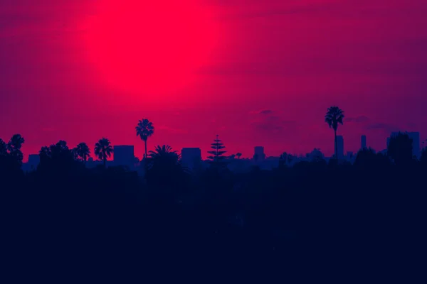 Sunset Los Angeles Skyline Buildings Palm Trees California Red Blue — Stock Photo, Image
