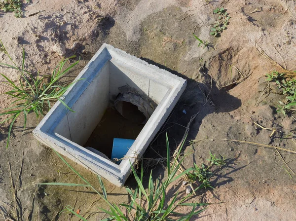 The installation of the sewerage pipes on the ground has not been completed. — Stock Image Installation Sewerage Pipes Ground Has Been Completed Royalty Free Stock Images