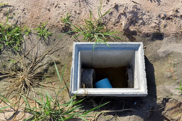 The installation of the sewerage pipes on the ground has not been completed. — Stock Image Installation Sewerage Pipes Ground Has Been Completed Stock Photo