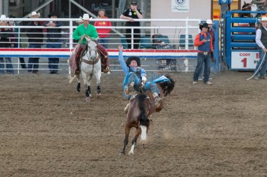 CODY, WYOMING - JUNE 29, 2018: Cody Stampede Park arena. Cody is the Rodeo Capitol of the World. 2018 marks 80th anniversary of nightly performances. clipart