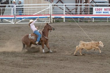 Cody, Wyoming - 29 Haziran 2018: Cody izdiham Park arena. Cody Rodeo Capitol dünya var. 2018 işaretleri 80 yıldönümü her gece performansları.