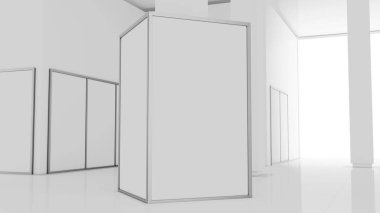 Boş beyaz duvar mockup güneşli modern boş Müzesi, 3d render. NET büyük galerisinde sahte kadar stand