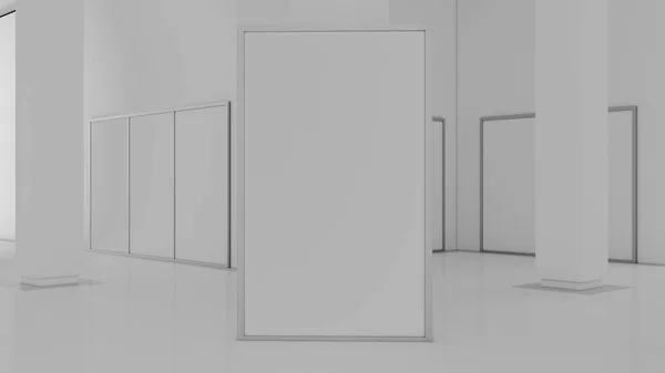 Prázdné bílé zdi maketa v sunny moderní prázdné muzeu, vykreslování 3d objektů. Vymazat velký stánek mock-up v galerii — Stock fotografie