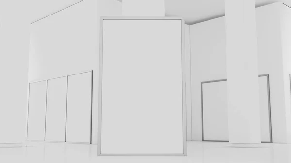 Blank white wall mockup in sunny modern empty museum, 3d rendering. Clear big stand mock up in gallery