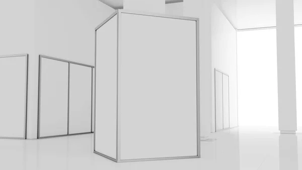 Blank white wall mockup in sunny modern empty museum, 3d rendering. Clear big stand mock up in gallery