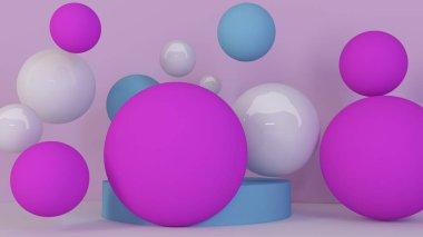 Arka plan yuvar. Soyut duvar kağıdı. Uçan geometrik şekiller. Modaya uygun modern illüstrasyon. 3D render.