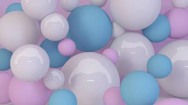 Pastellfärgade rum inredda med slumpmässiga storlekar bollar. 3D-rendering — Stockfoto