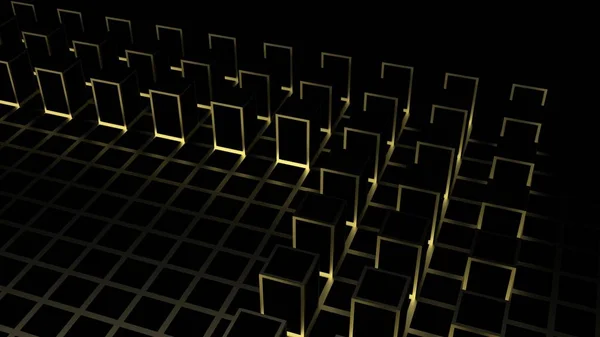 3d rendering. Abstract golden square shape block on dark color cube boxes background.