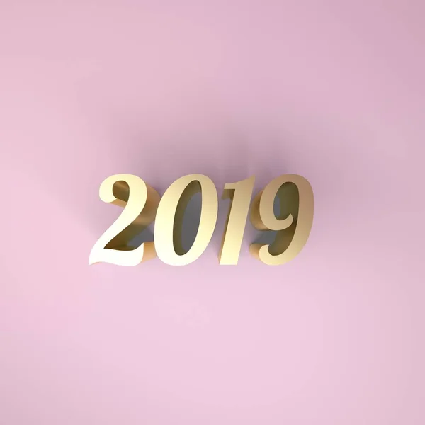 Happy new year 2019 3d rendering di tabel marmer top dengan blur pastel color abstrak bokeh background — Stok Foto