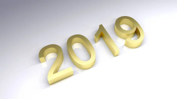 Happy new year 2019 3d rendering on marble table top with blur pastel color abstract bokeh background, — Stock Photo, Image