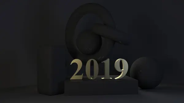 Gold figures 2019 on a black background. 3d render — Stock Photo, Image