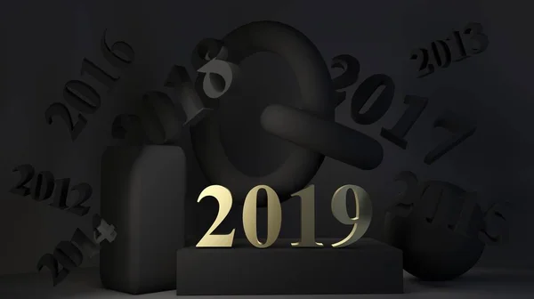 Zlatá čísla 2019 na černém pozadí. 3D vykreslování — Stock fotografie