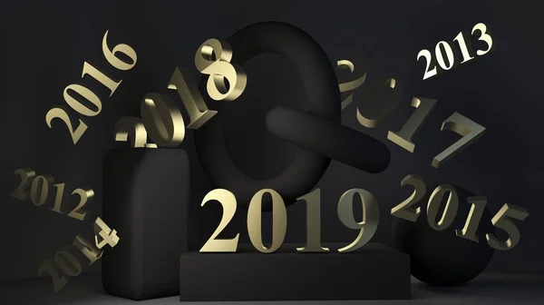 Gold figures 2019 on a black background. 3d render — Stock Photo, Image