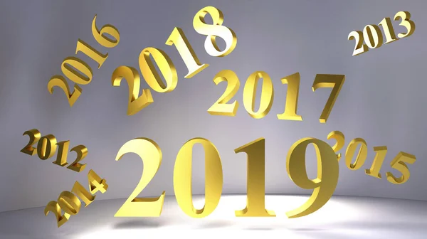 Zlatá čísla 2019 na bílém podkladu pro pozadí. — Stock fotografie