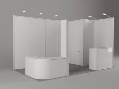 Ticaret Fuar Standı, Fuar yuvarlak, Sergi donatımı, uzay arka plan üzerinde 3d render görselleştirme