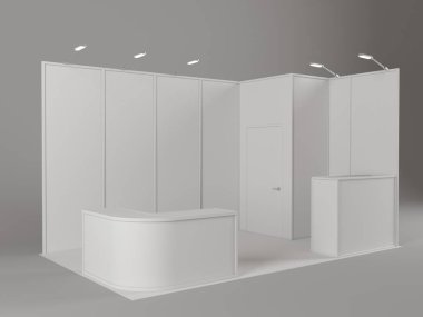 Ticaret Fuar Standı, Fuar yuvarlak, Sergi donatımı, uzay arka plan üzerinde 3d render görselleştirme