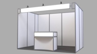 Ticaret Fuar Standı, Fuar yuvarlak, Sergi donatımı, uzay arka plan üzerinde 3d render görselleştirme