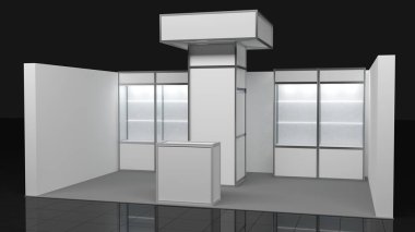 Fuar standı boş afiş 3x5 metre ve sandalyeler. Mobil ticaret standı beyaz ve boş. Arkaplanda 3D görüntüleme izole edildi. Yüksek Çözünürlük