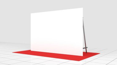 Zemin, basın Banner kırmızı carpit ile 2x3 metre. 3B render şablonu. Mockup