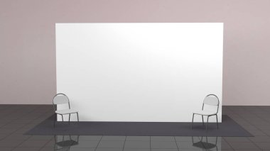 Boş pankartıyla duvara 3x5 metre ve sandalyelerle basın. Mobil ticaret standı beyaz ve boş. 3D görüntüleme beyaz arkaplanda izole edildi. Yüksek Çözünürlük
